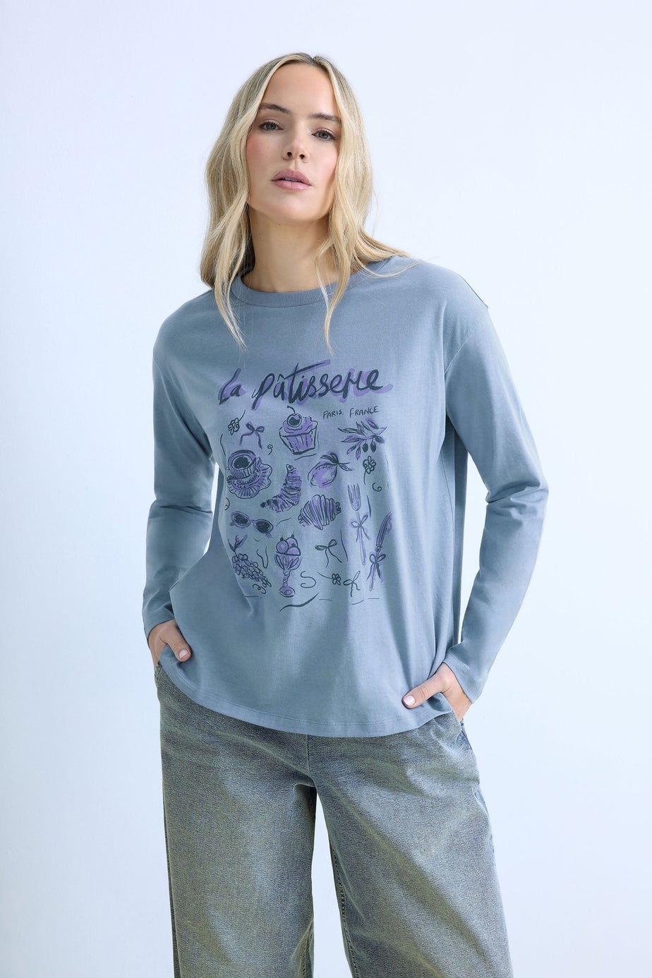 Long Tall Sally Blue 'La Patisserie' Slogan Long Sleeve T-Shirt