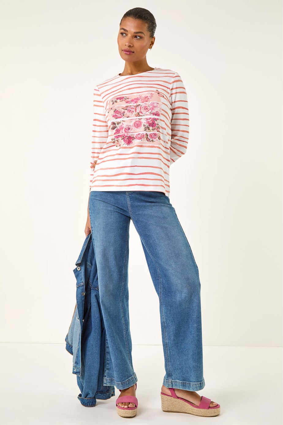 Roman Pink Floral Embellished Stripe Top