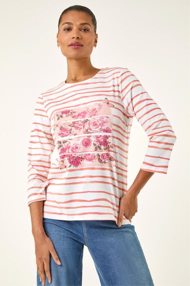 Roman Pink Floral Embellished Stripe Top