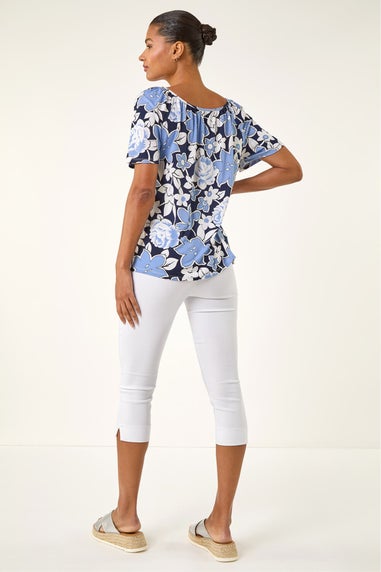 Roman Blue Floral Puff Print V-Neck Top