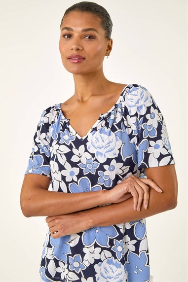 Roman Blue Floral Puff Print V-Neck Top
