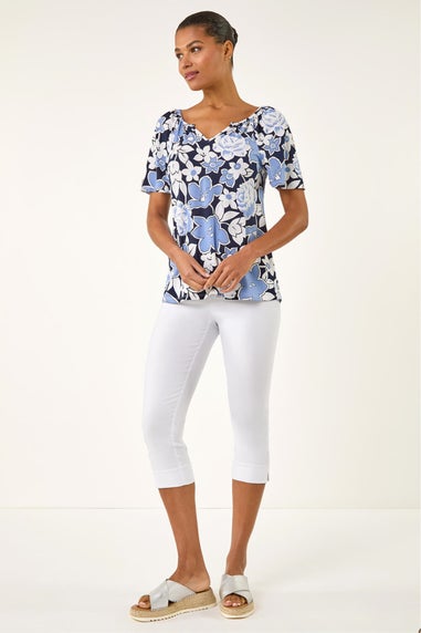 Roman Blue Floral Puff Print V-Neck Top