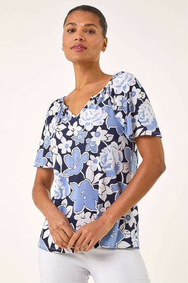 Roman Blue Floral Puff Print V-Neck Top