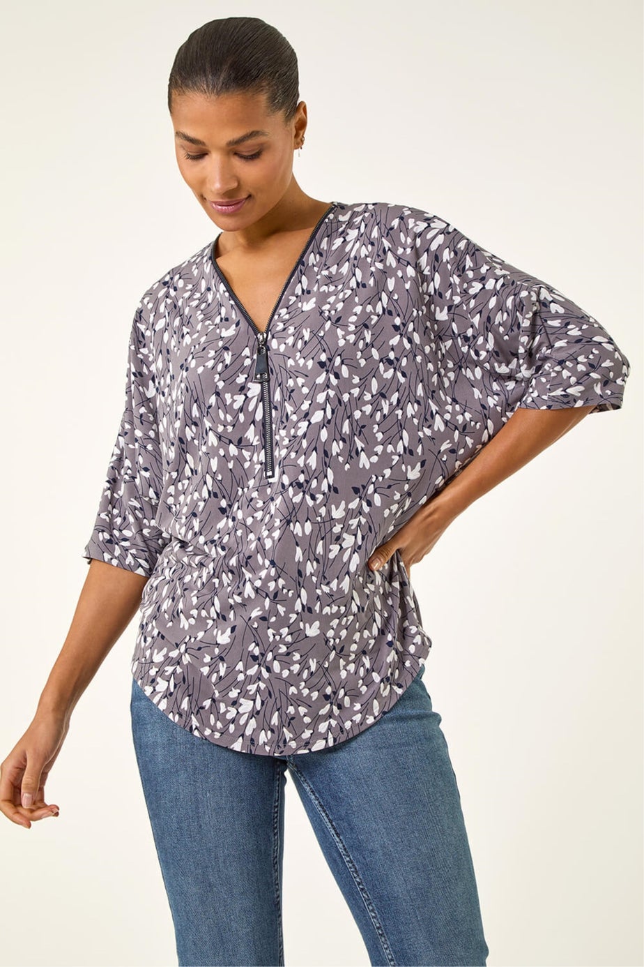 Roman Grey Printed Zip Front V-Neck Stretch Top