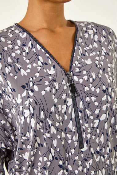 Roman Grey Printed Zip Front V-Neck Stretch Top