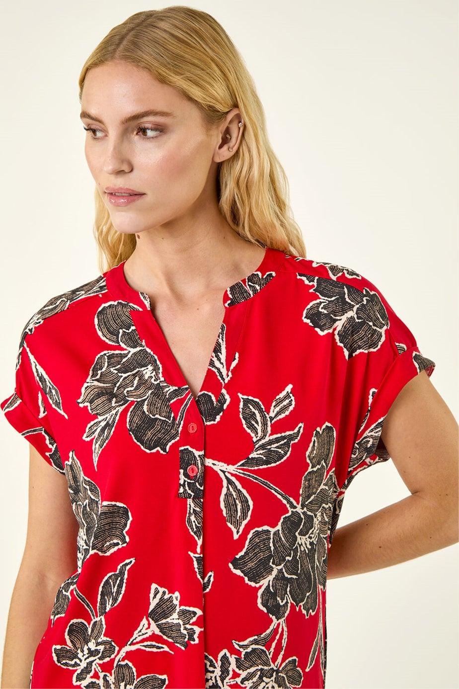 Roman Red Floral Puff Print Stretch Top