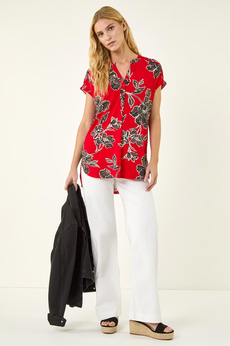 Roman Red Floral Puff Print Stretch Top