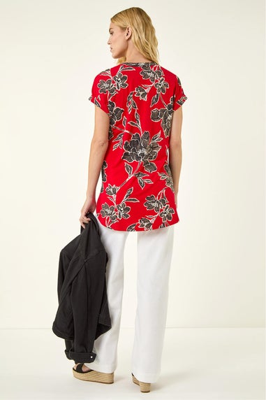 Roman Red Floral Puff Print Stretch Top