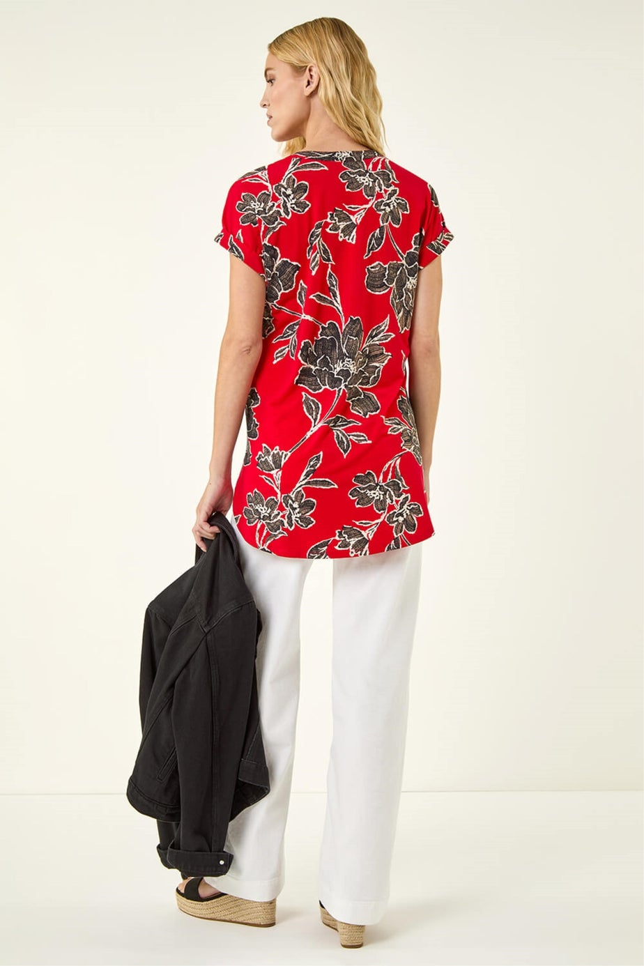 Roman Red Floral Puff Print Stretch Top