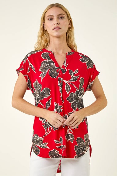 Roman Red Floral Puff Print Stretch Top