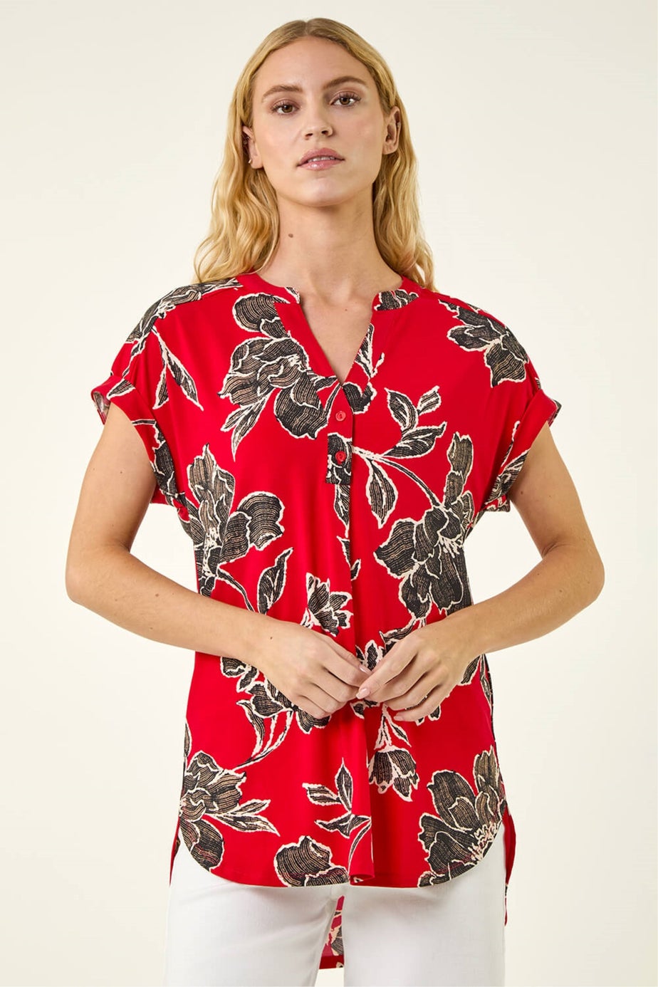 Roman Red Floral Puff Print Stretch Top