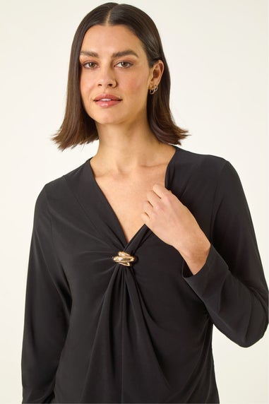 Roman Black V-Neck Metal Trim Stretch Top