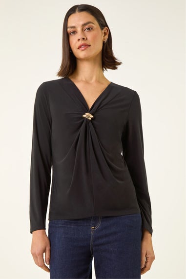 Roman Black V-Neck Metal Trim Stretch Top