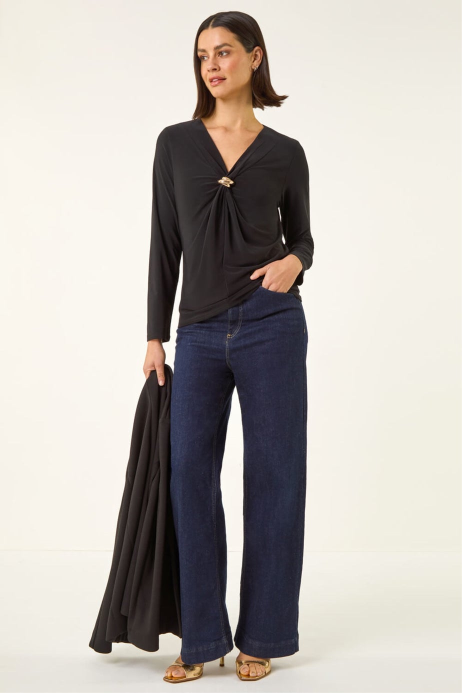 Roman Black V-Neck Metal Trim Stretch Top