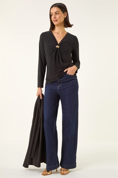 Roman Black V-Neck Metal Trim Stretch Top