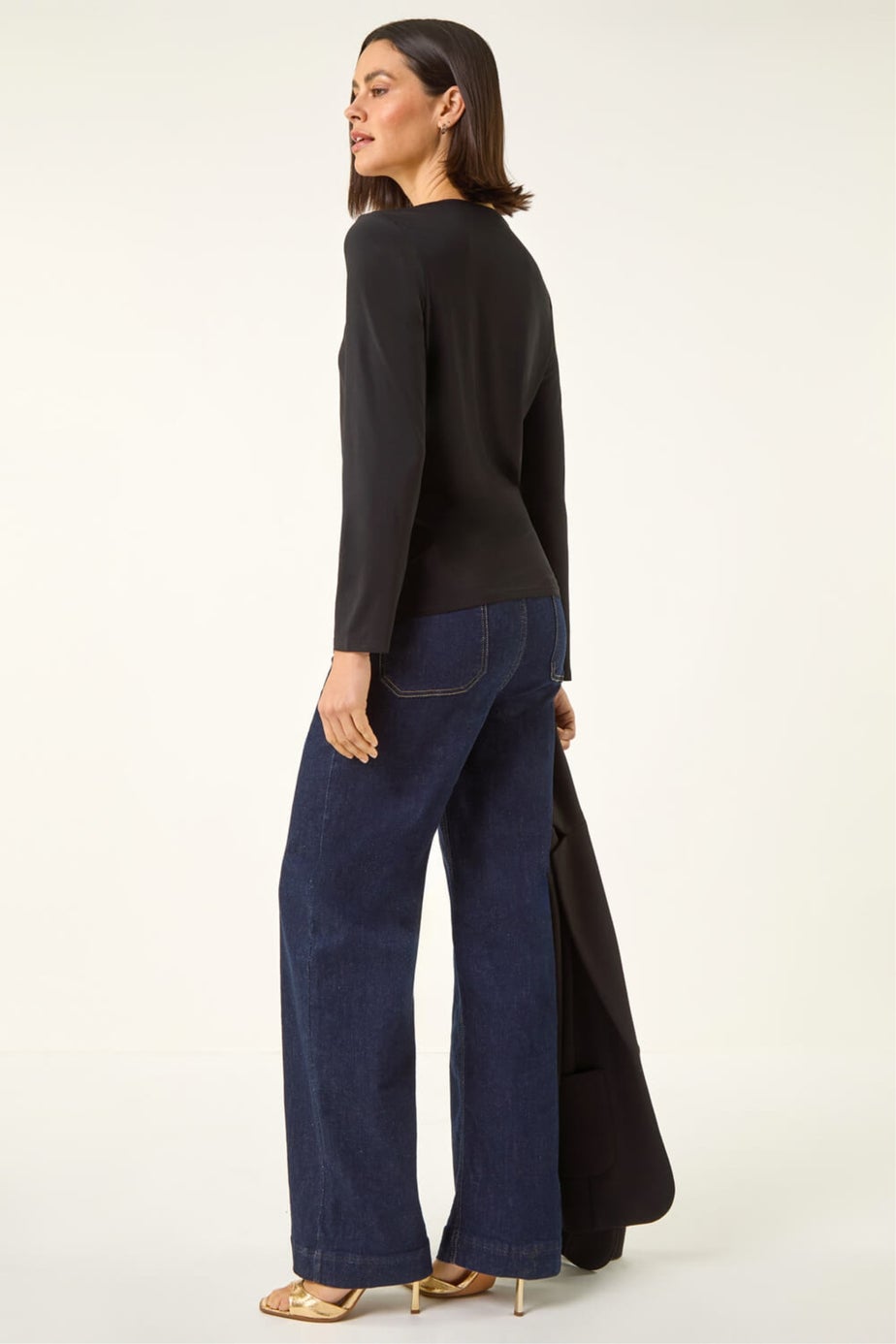 Roman Black V-Neck Metal Trim Stretch Top