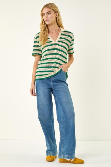 Roman Green Stripe Crochet Collar Knit Top