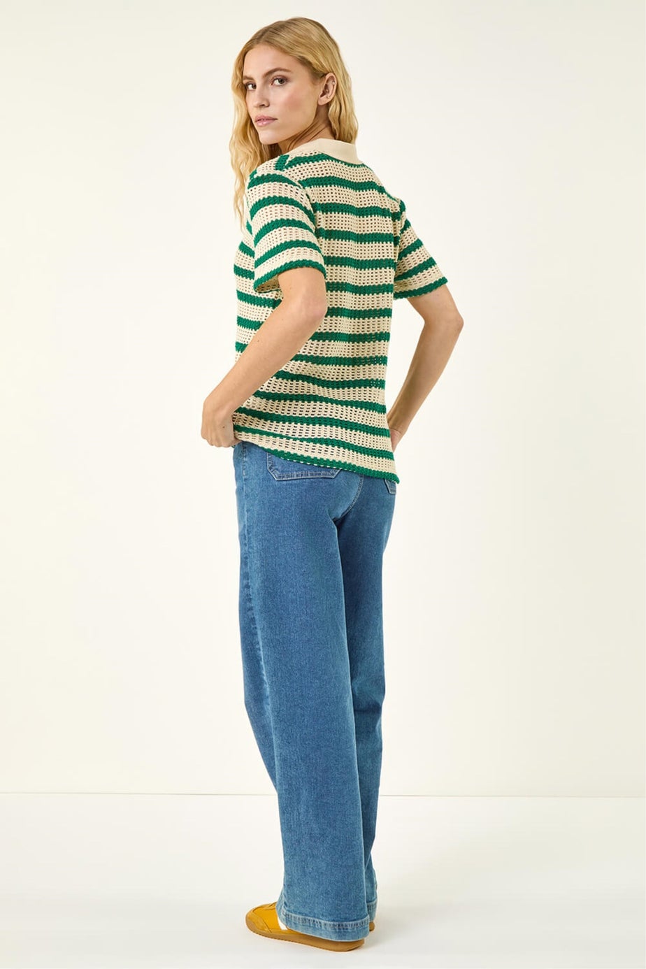 Roman Green Stripe Crochet Collar Knit Top