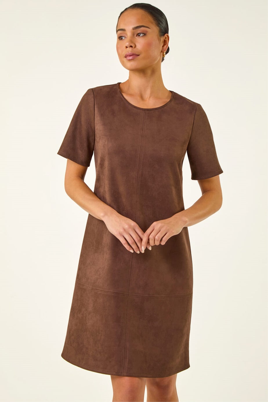 Roman Chocolate Petite Premium Stretch Suede Shift Dress