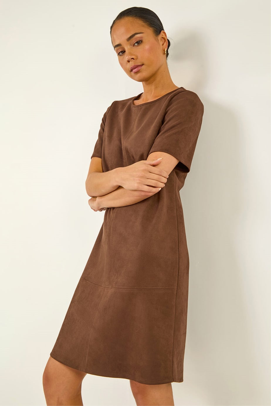 Roman Chocolate Petite Premium Stretch Suede Shift Dress