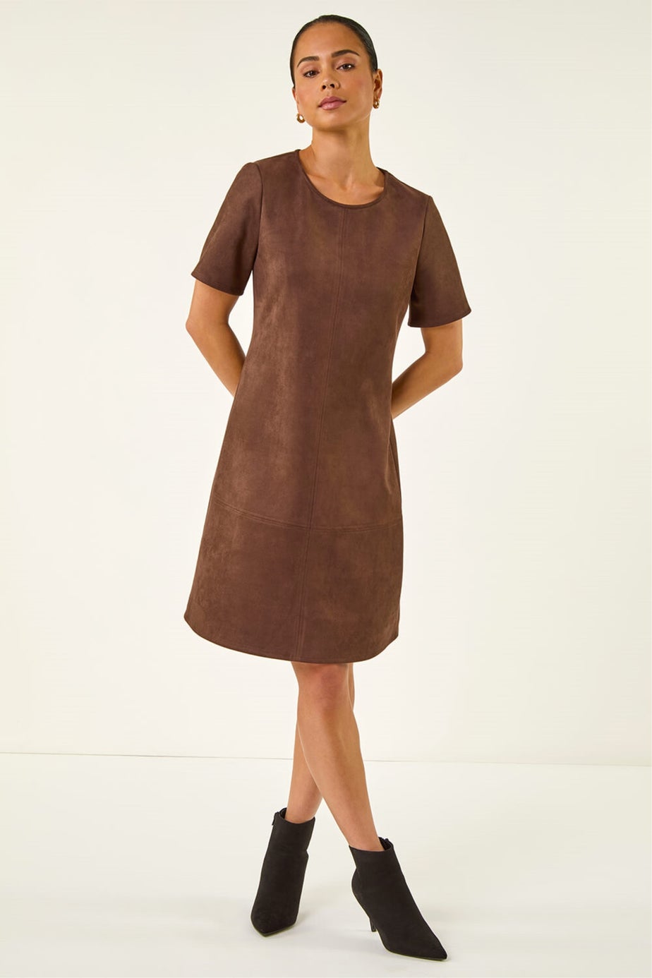 Roman Chocolate Petite Premium Stretch Suede Shift Dress
