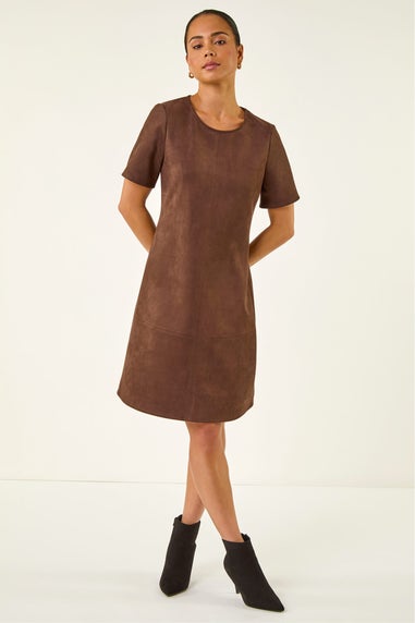 Roman Chocolate Petite Premium Stretch Suede Shift Dress