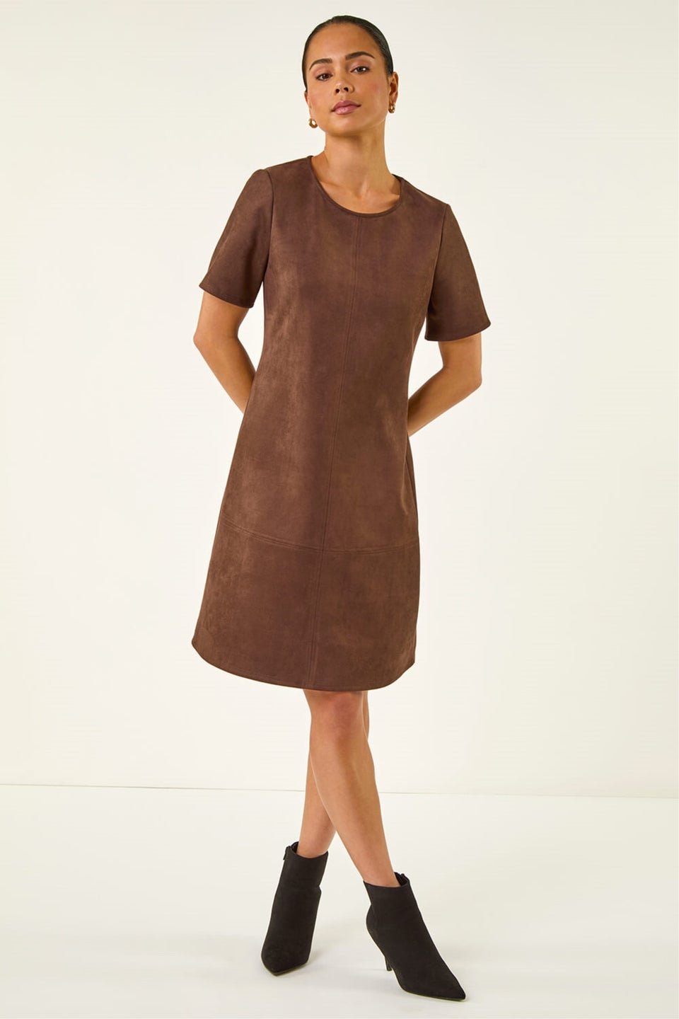 Roman Chocolate Petite Premium Stretch Suede Shift Dress