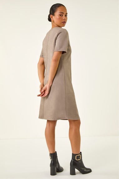 Roman Taupe Petite Premium Stretch Suede Shift Dress