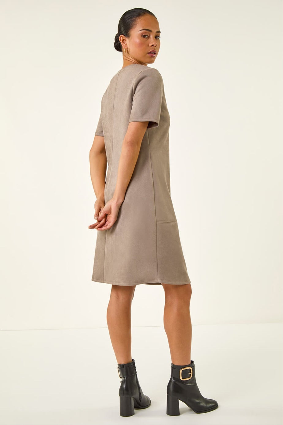 Roman Taupe Petite Premium Stretch Suede Shift Dress
