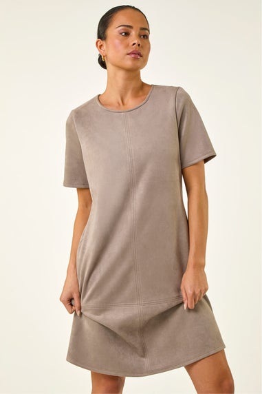 Roman Taupe Petite Premium Stretch Suede Shift Dress