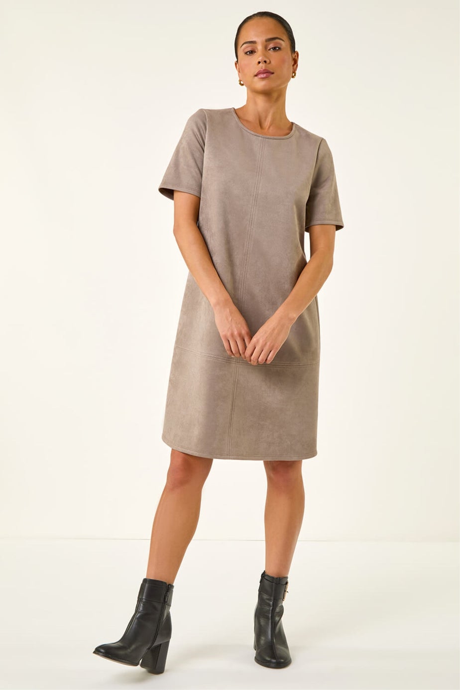 Roman Taupe Petite Premium Stretch Suede Shift Dress