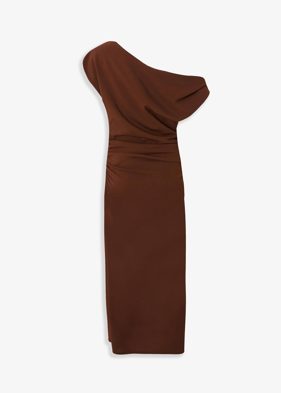 Quiz Brown Ruched Off Shoulder Midi Dress