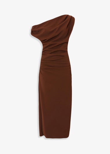 Quiz Brown Ruched Off Shoulder Midi Dress