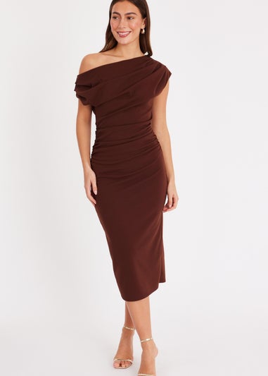 Quiz Brown Ruched Off Shoulder Midi Dress