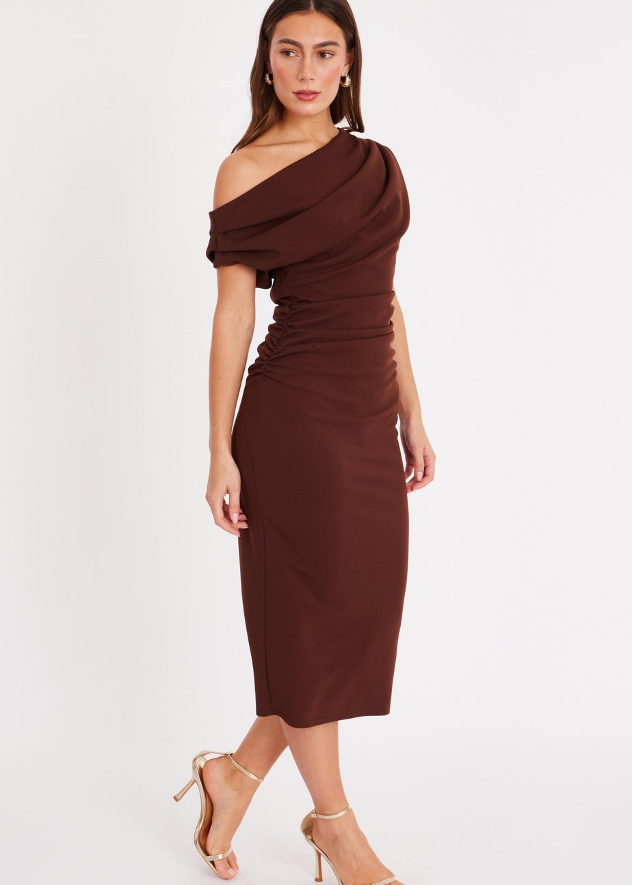 Quiz Brown Ruched Off Shoulder Midi Dress