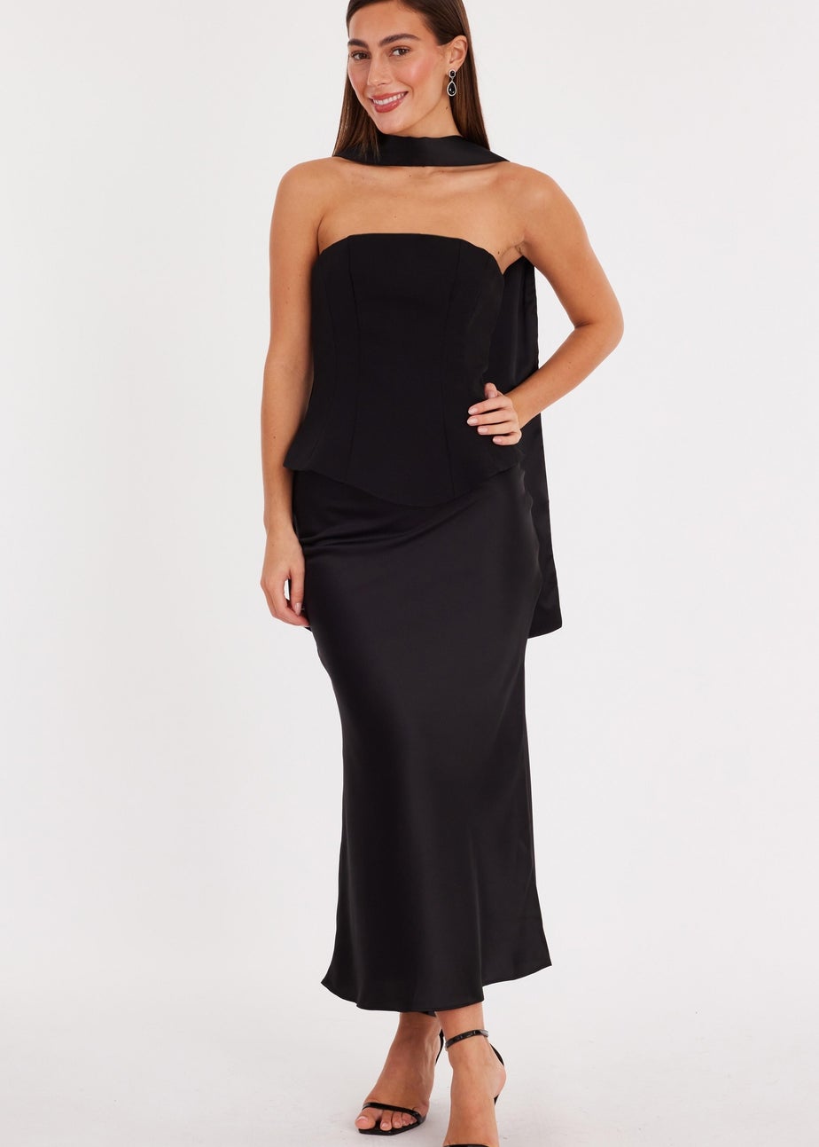 Quiz Black Strapless Satin Skirt Midaxi Dress