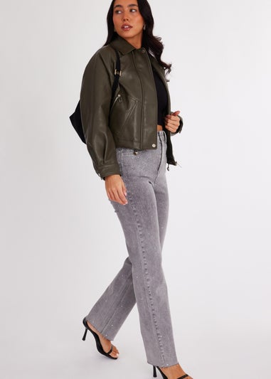 Quiz Khaki Faux Leather Bomber Jacket