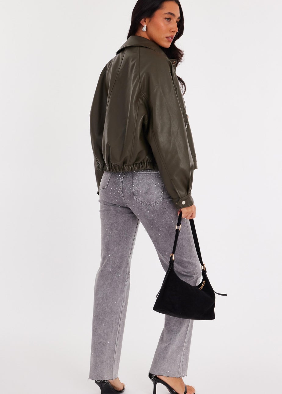 Quiz Khaki Faux Leather Bomber Jacket