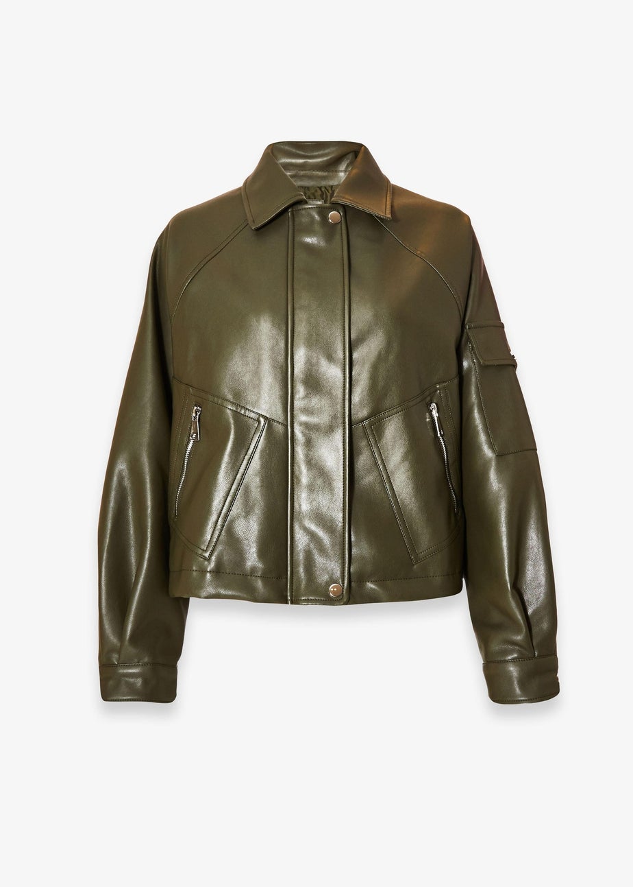 Quiz Khaki Faux Leather Bomber Jacket