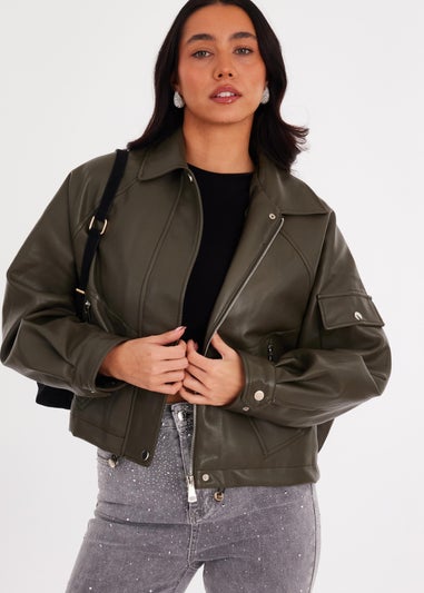 Quiz Khaki Faux Leather Bomber Jacket