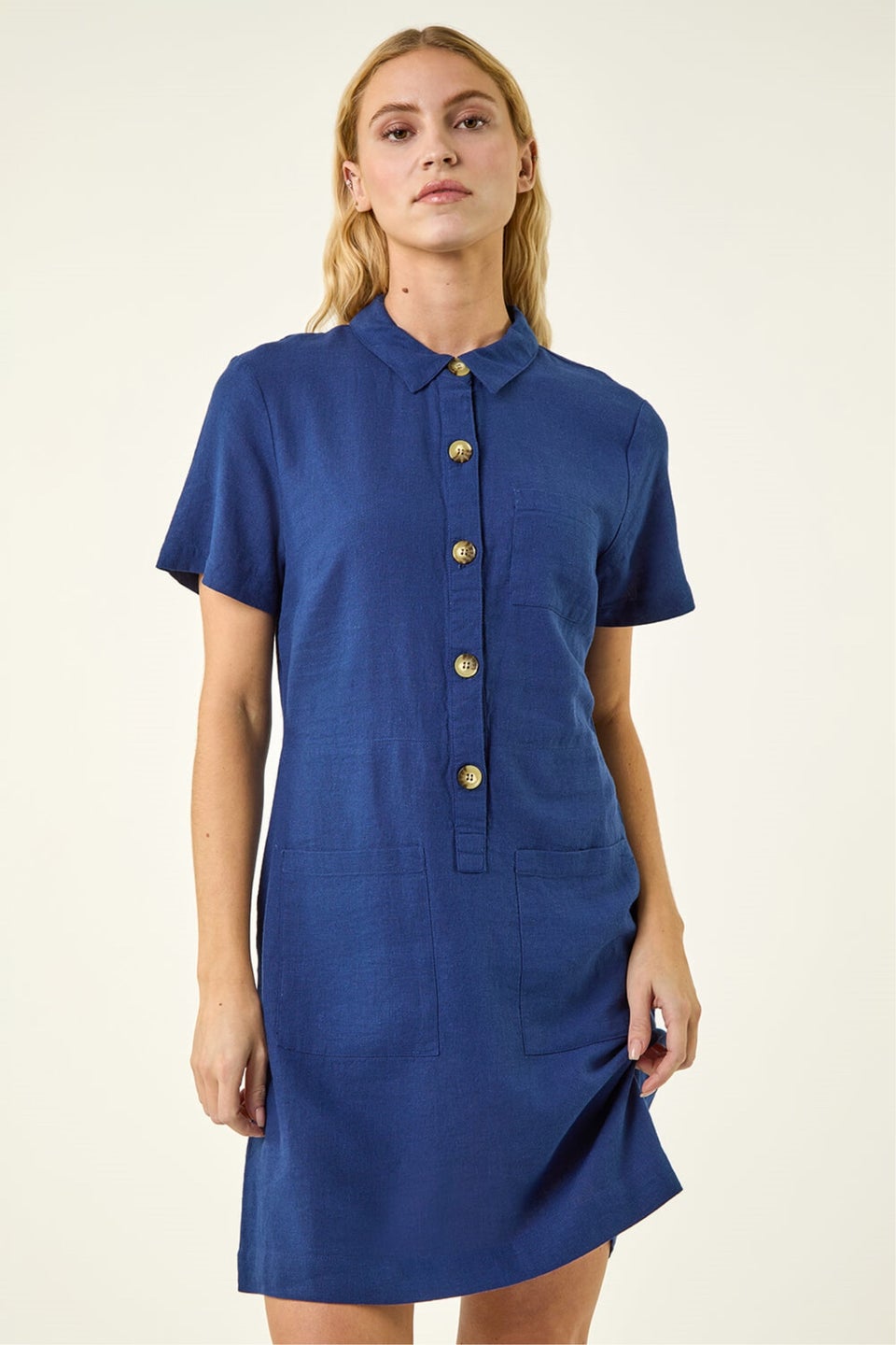 Roman Navy Buttoned Mini Shirt Dress