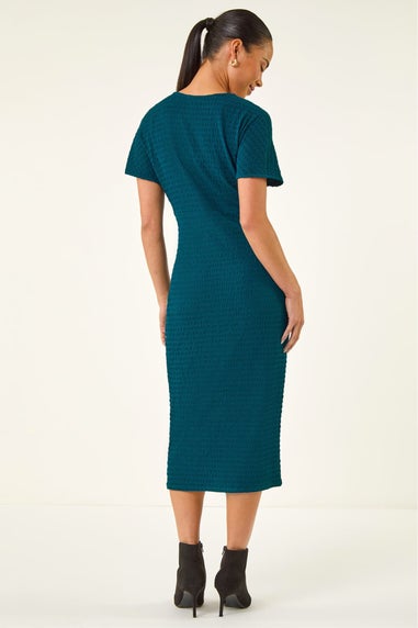 Roman Teal Petite Textured V-Neck Stretch Midi Dress