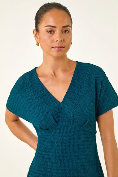 Roman Teal Petite Textured V-Neck Stretch Midi Dress