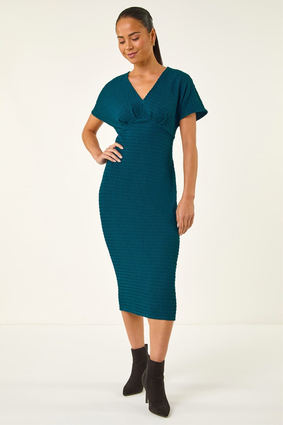 Roman Teal Petite Textured V-Neck Stretch Midi Dress