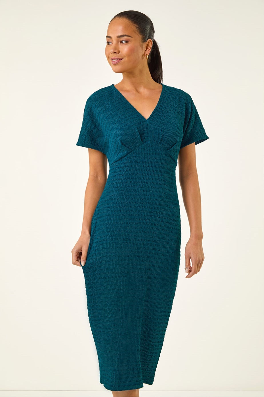 Roman Teal Petite Textured V-Neck Stretch Midi Dress