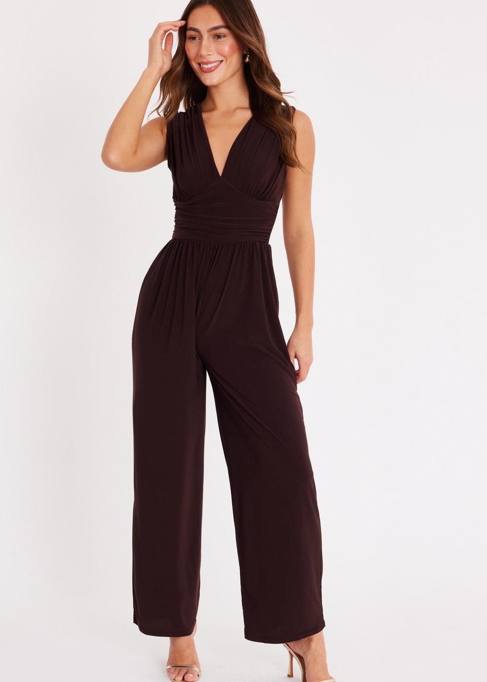 Quiz Brown Ruched Wide Leg Jumpsuit