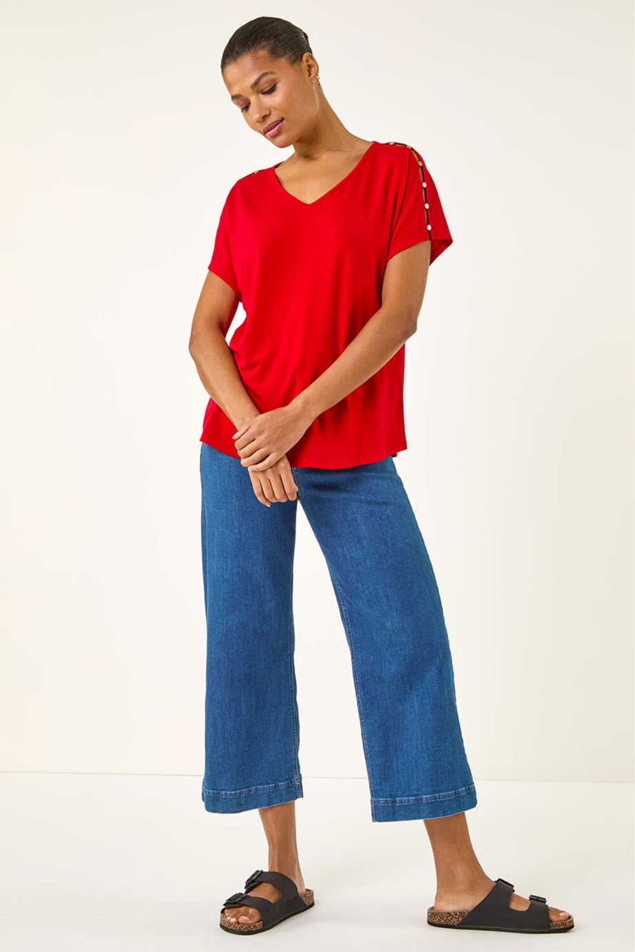 Roman Red Cold Shoulder Button Top