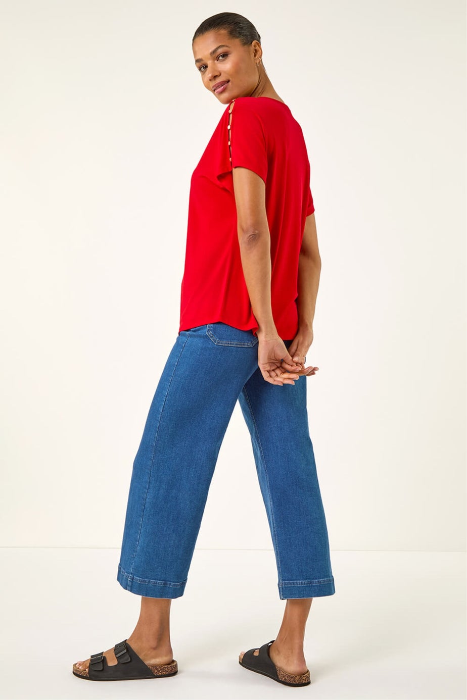 Roman Red Cold Shoulder Button Top