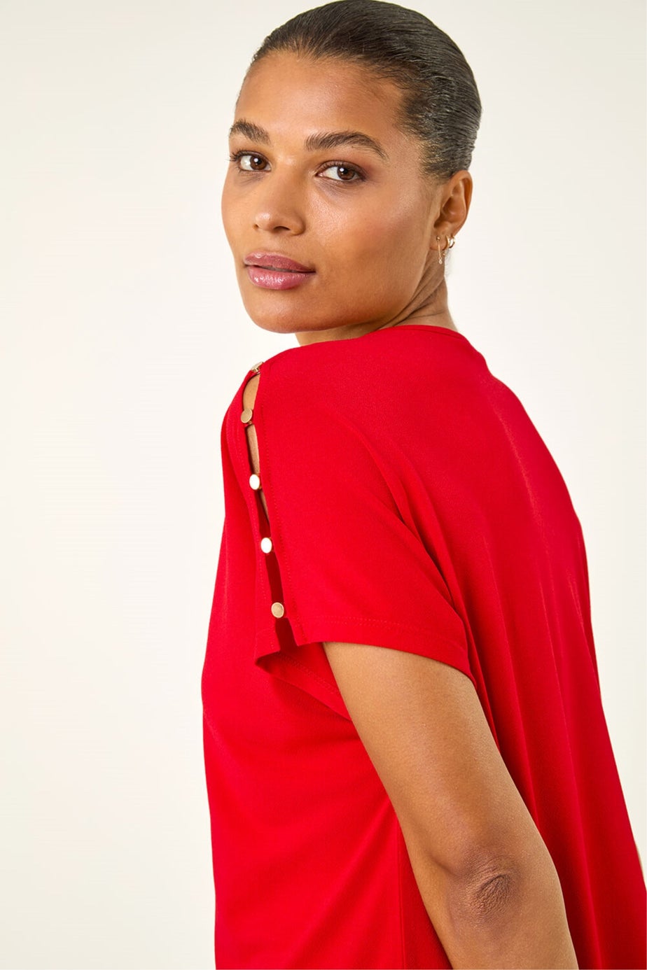 Roman Red Cold Shoulder Button Top