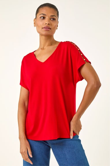 Roman Red Cold Shoulder Button Top